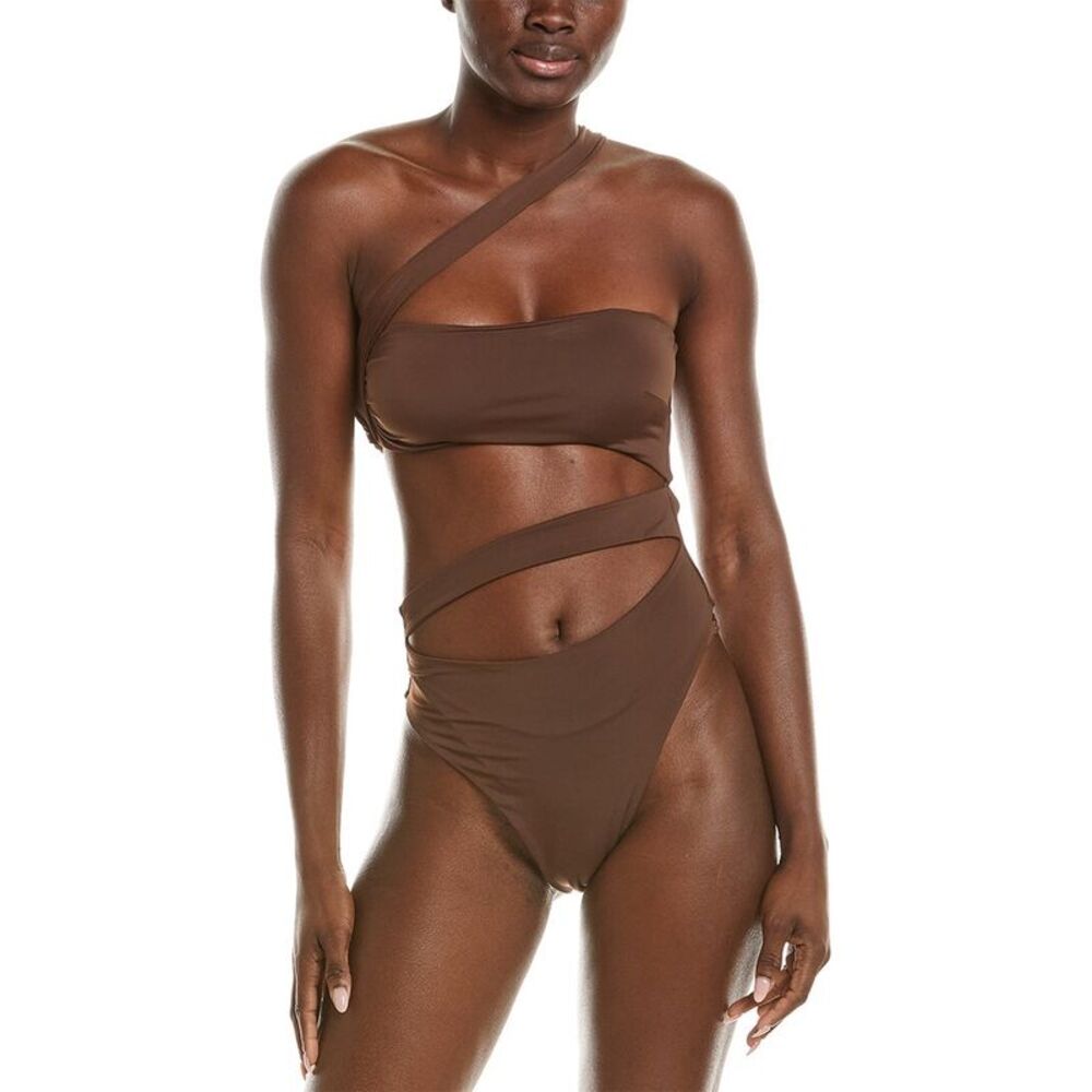 Strap Wrap One-Shoulder Brown One-Piece Swimsuit